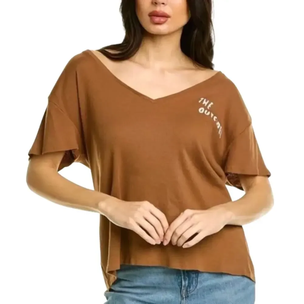 NWT Sandrine Rose Ribbed V-Neck Tee, “The Outsider” Brown, Women’s Small